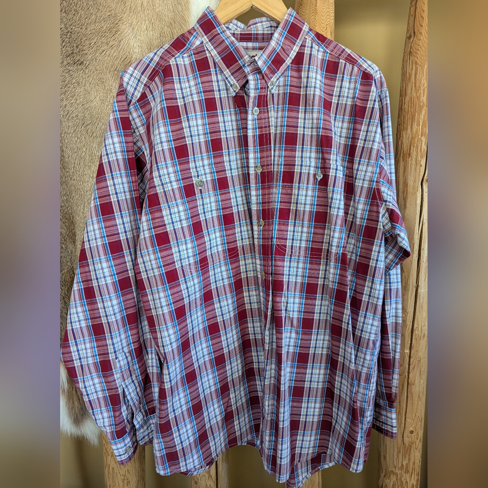 Wrangler Men's Red and White Plaid Button Down Shirt, Size XL